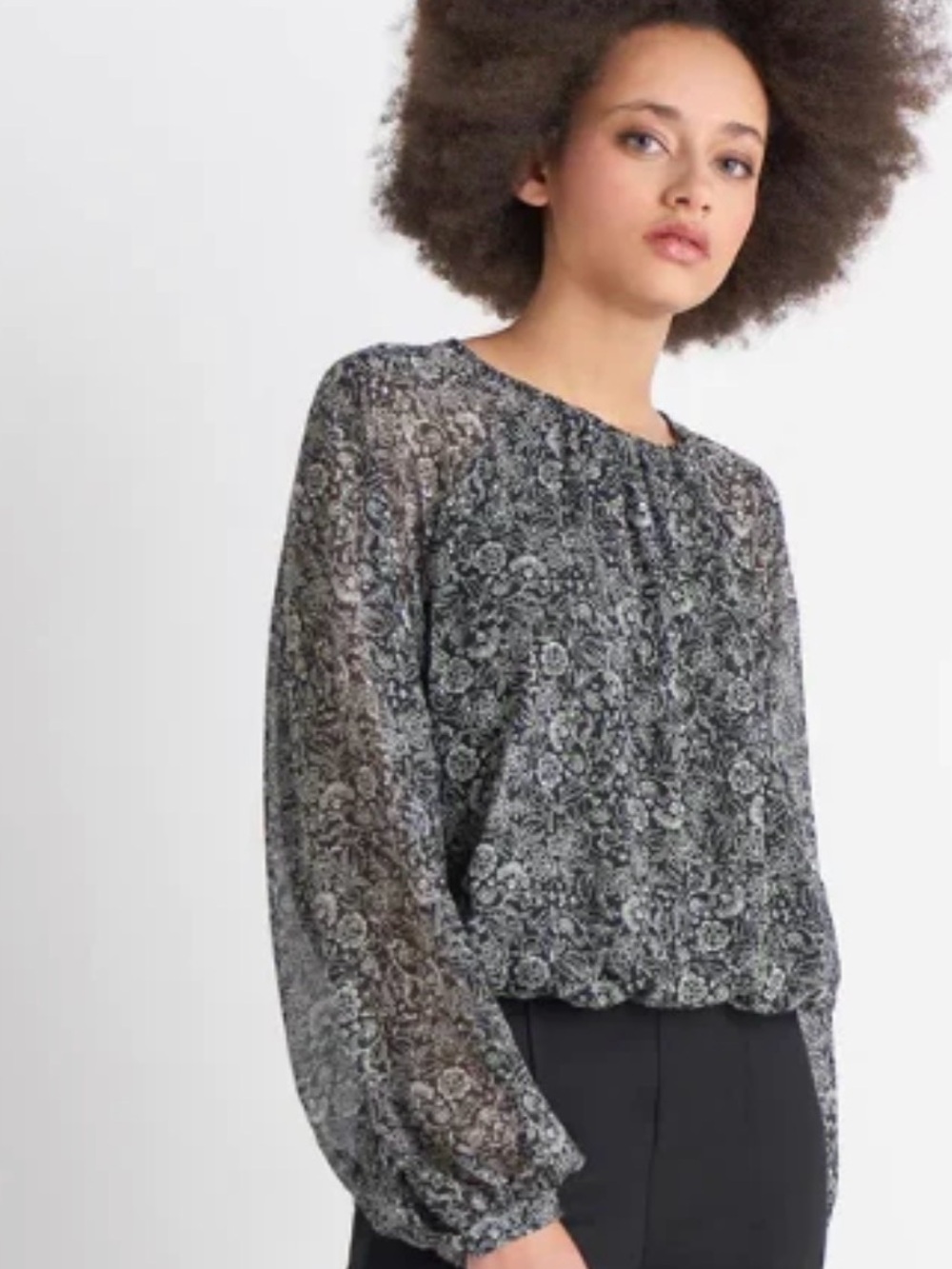 DEX elastic bubble waist Floral Long-Sleeve Blouse - Black/Gray